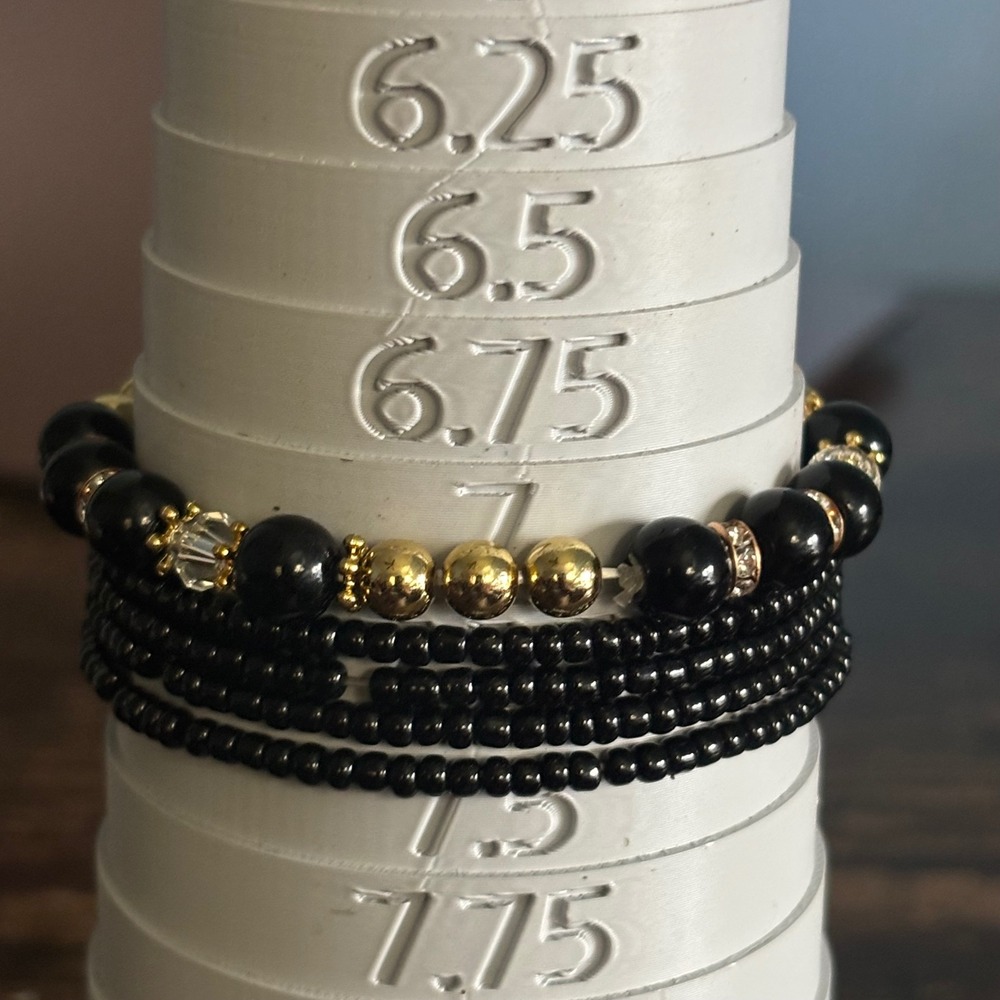 Black and Gold Beaded Stretch Bracelet Set 5 Piece Stackable Crystal Accents